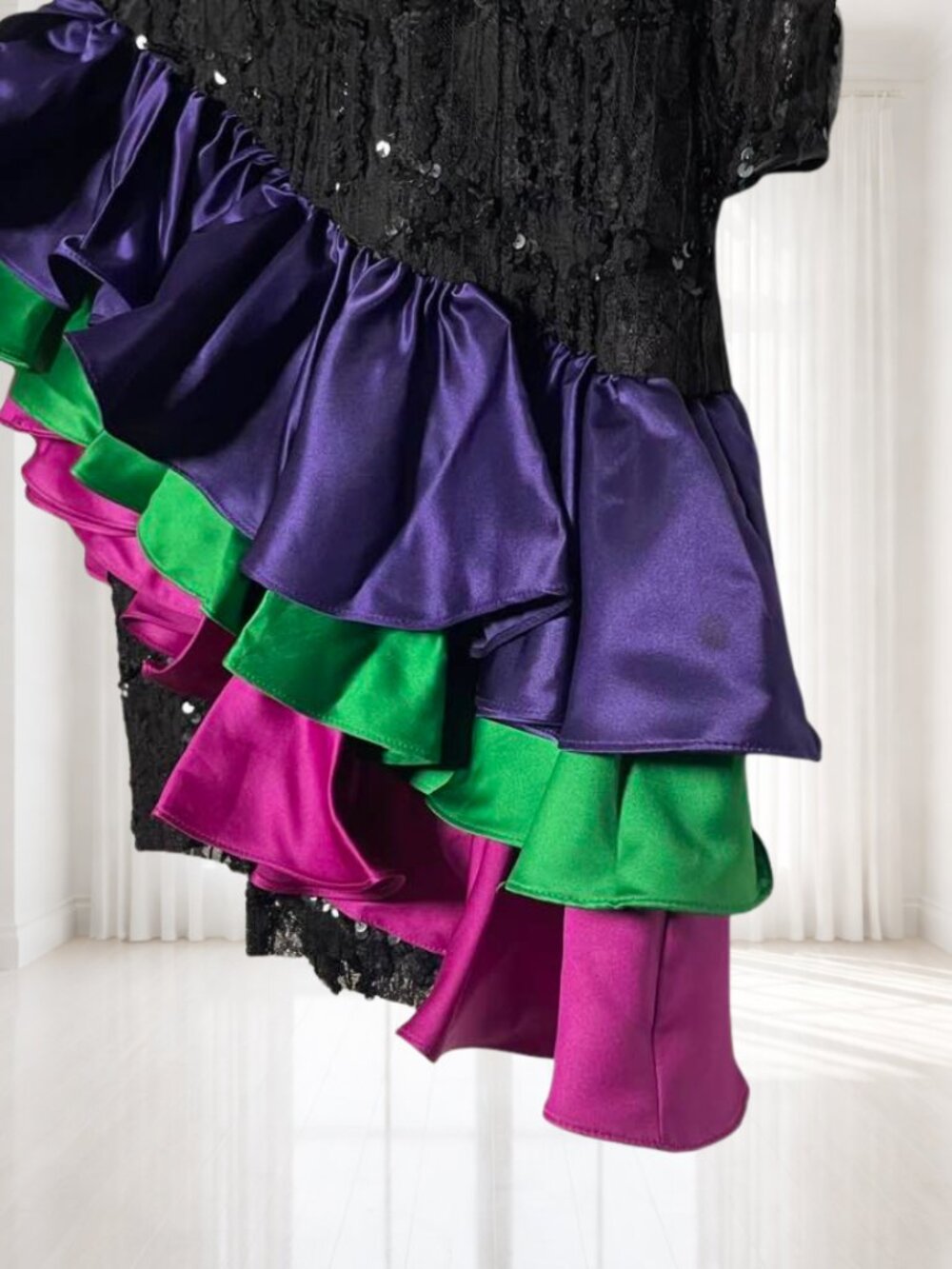 Vintage 80s Neiman Marcus After Five Sequin Lace Dress Ruffle Satin Flower Party - Picture 4 of 14